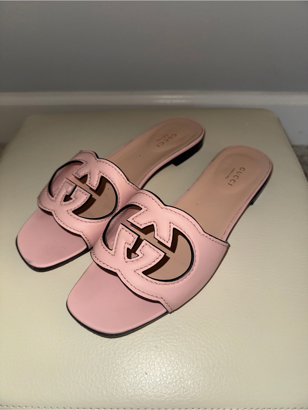 Gucci Pink GG Cutout Leather Slide Mules
